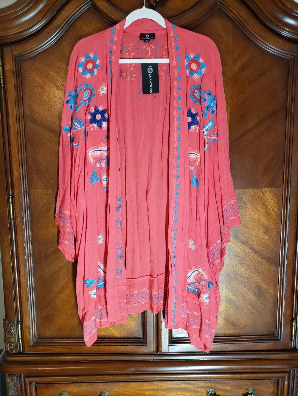Coral Embroidered Open-Front Kimono Jacket